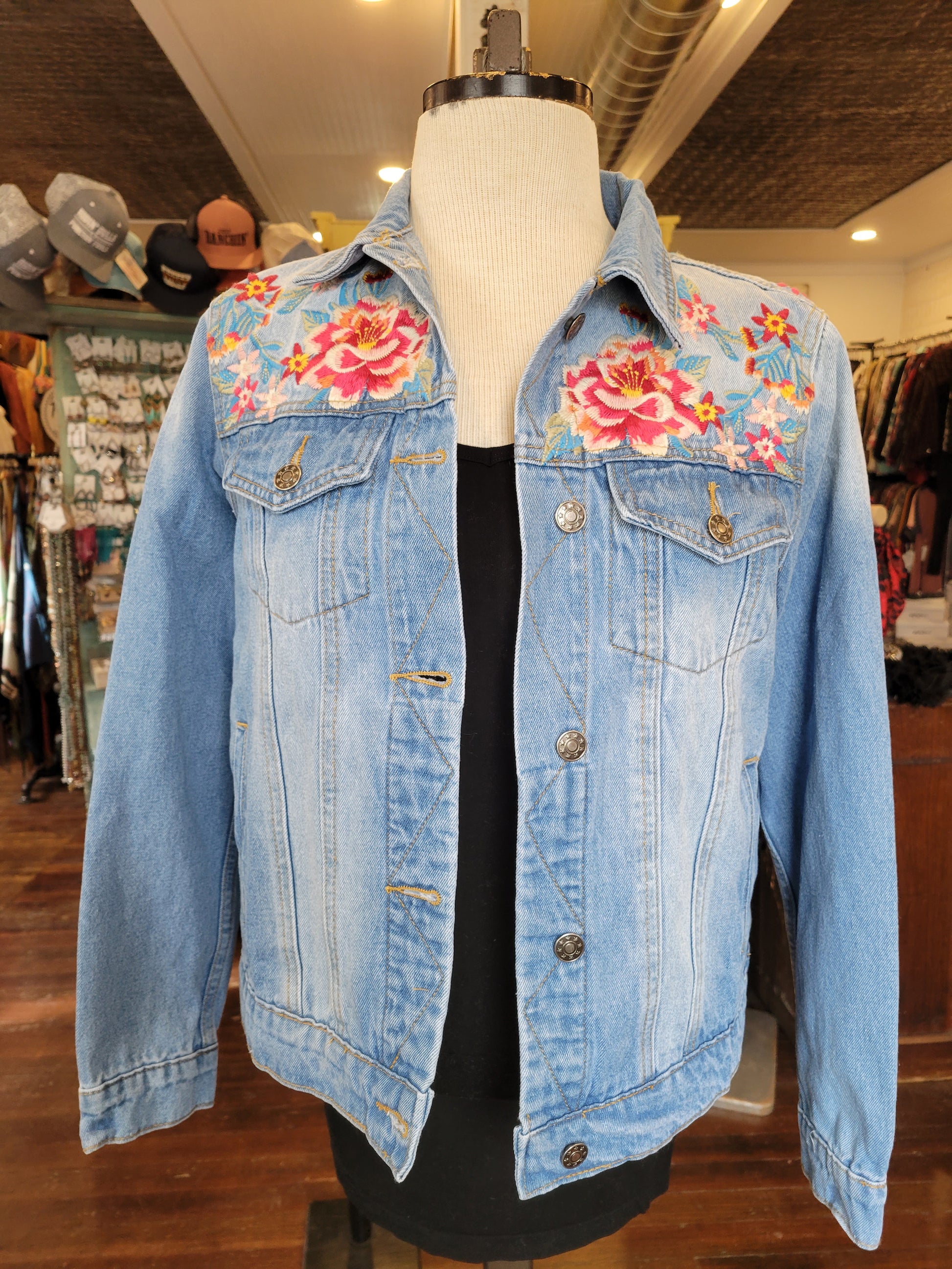 Embroidered Medium Wash Denim Jacket