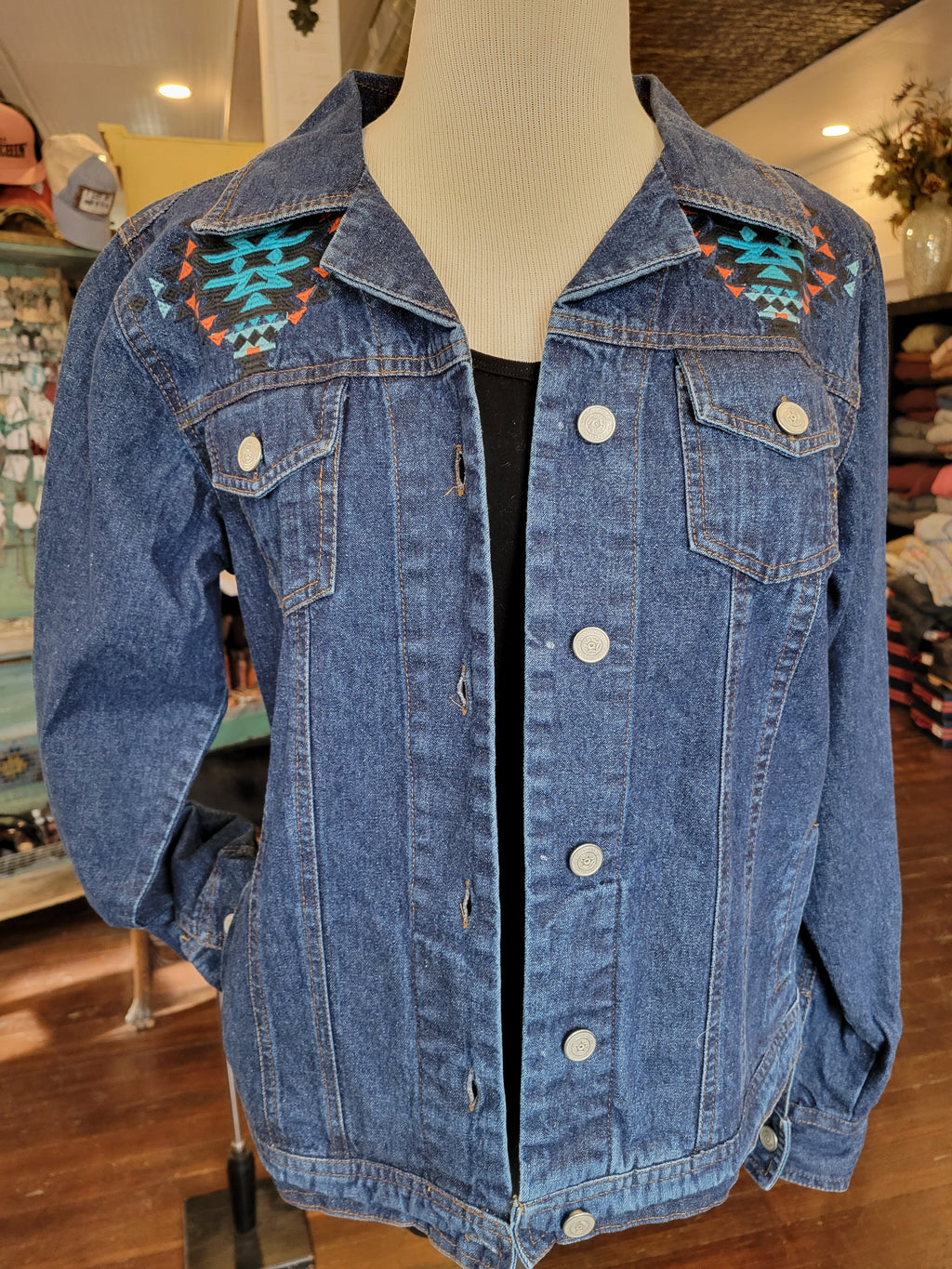 Embroidered Aztec Dark Denim Jacket - White Owl Creek Boutique