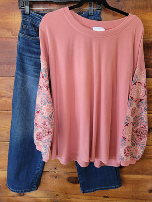 Coral Embroidered Sleeve Top - White Owl Creek Boutique