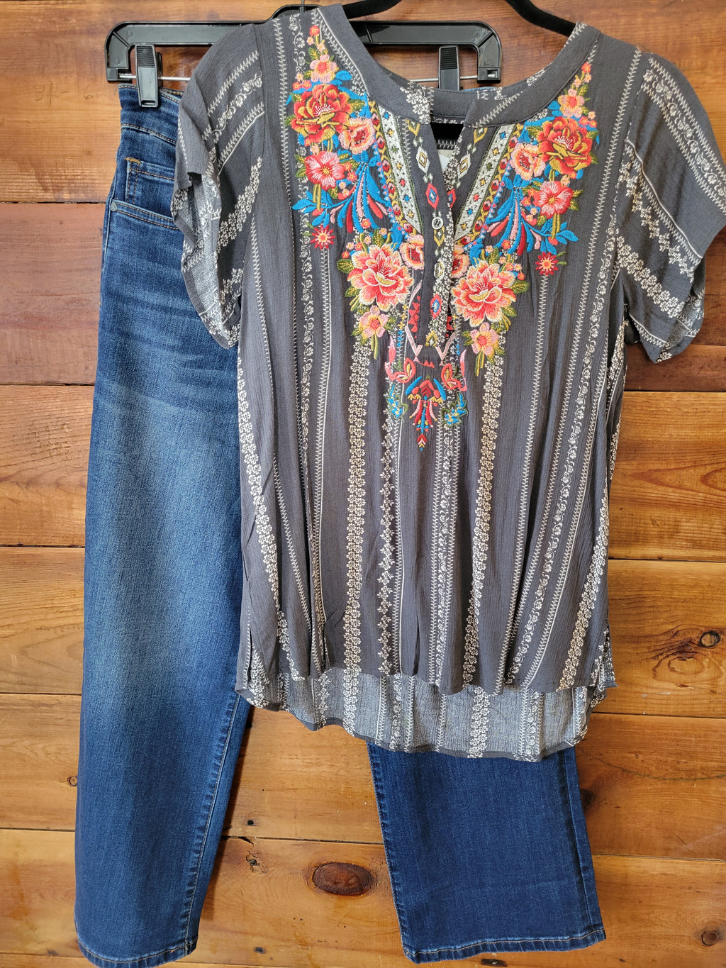 Charcoal Embroidered Top - White Owl Creek Boutique