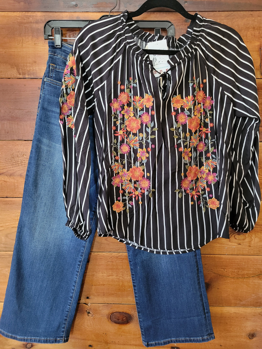 Black and White Stripe Embroidered Top - White Owl Creek Boutique