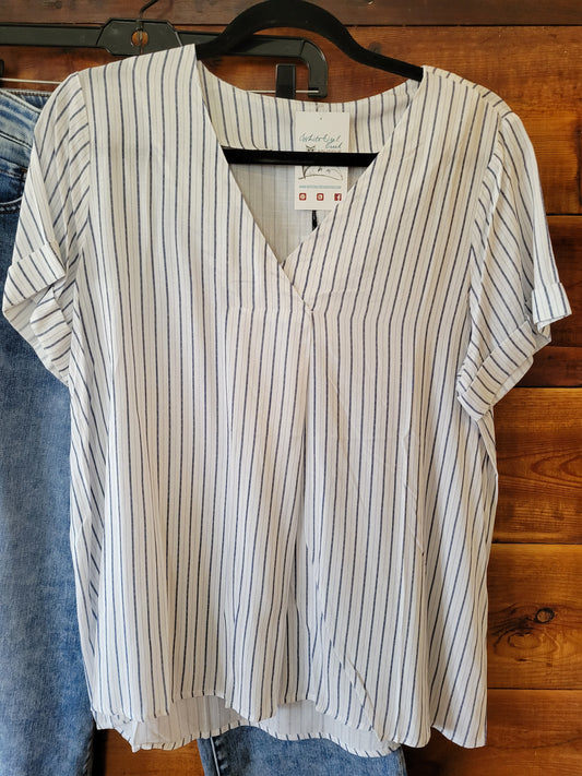 White Navy Ticking Slub Top - White Owl Creek Boutique