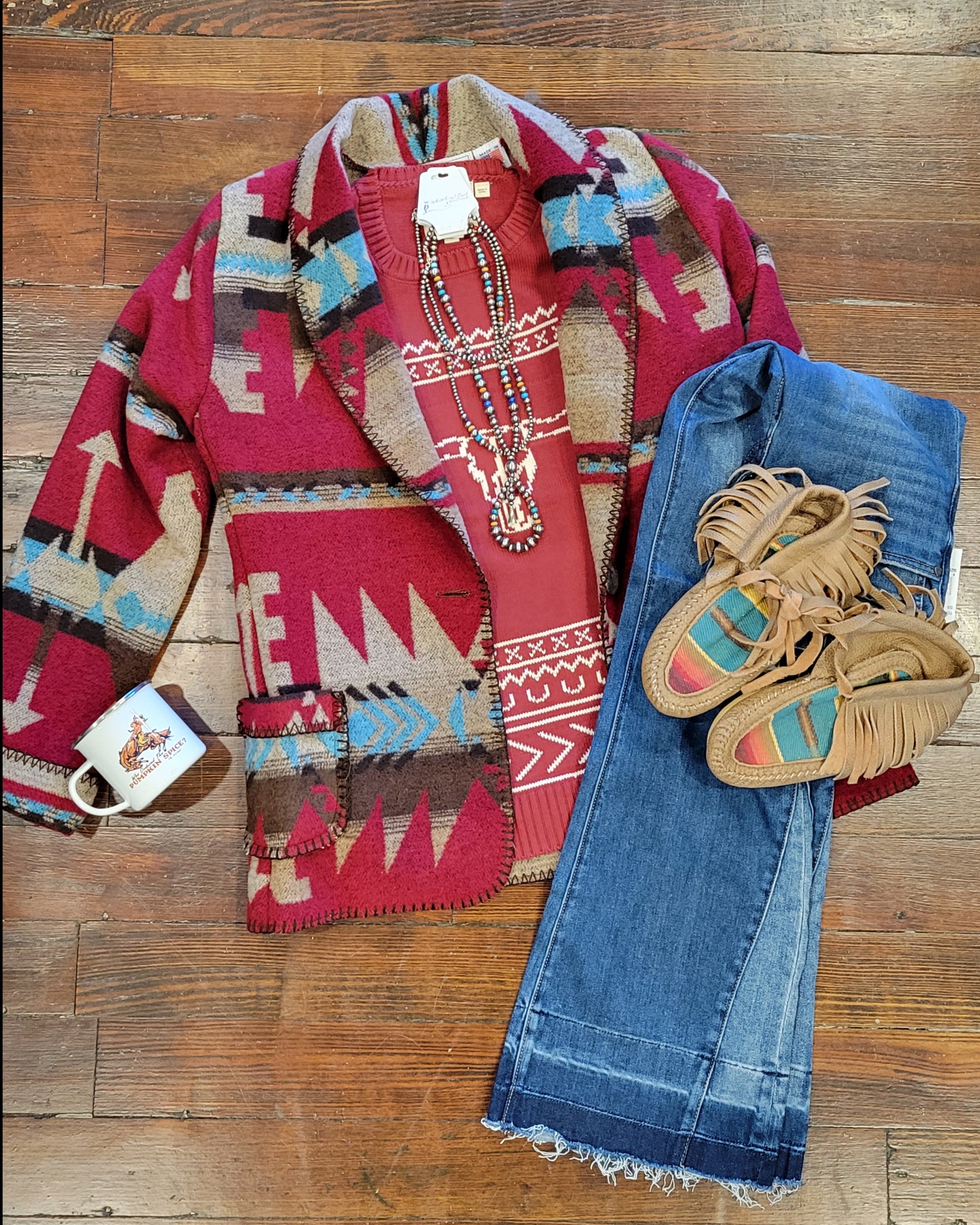 Wool Rhonda Stark Blazer paired with KUT from the Cloth Jeans with raw frayed hem, Lorec Ranch Moccasins and Sterling Silver Necklaces