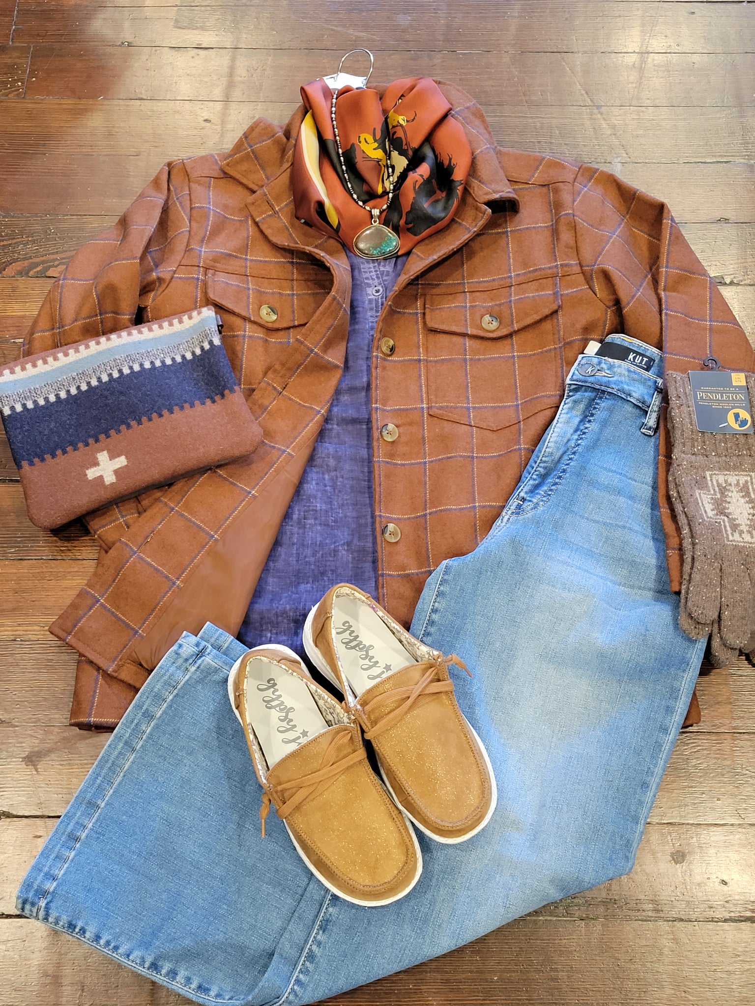 Plaid Shacket fully lined, wool blend, paired with brown shoes, gloves and hand bag. Accessories: Fringe Scarf and Sterling Silver Necklace