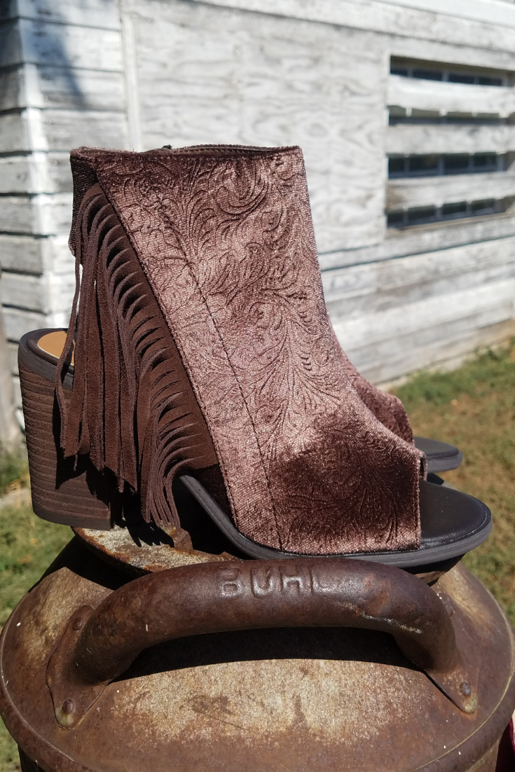 Embossed Velvet Fringe Bootie - White Owl Creek Boutique